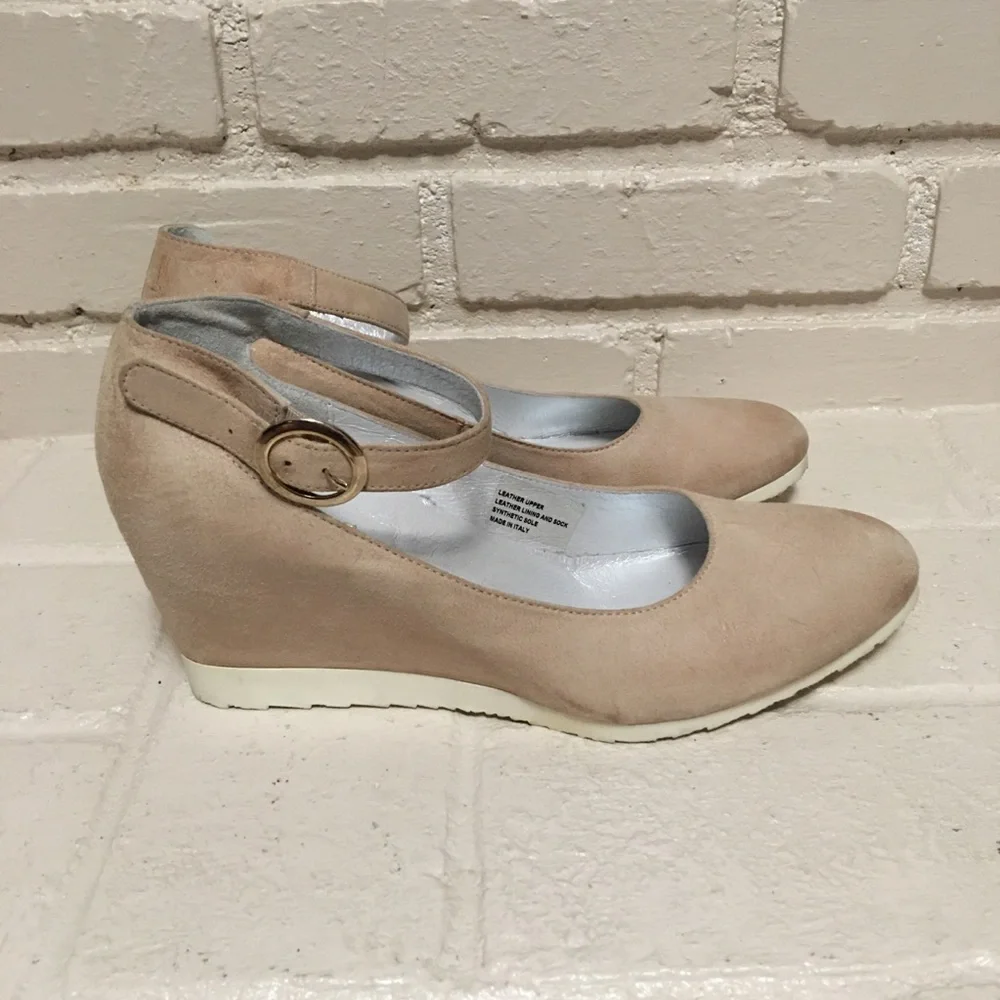 Ankle-Strap Nude Wedge Pumps